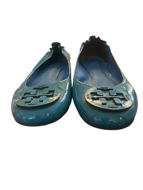Tory Burch 9M Minnie Travel Ballet Flats, Aqua BLUE Crinkle Metallic Leather